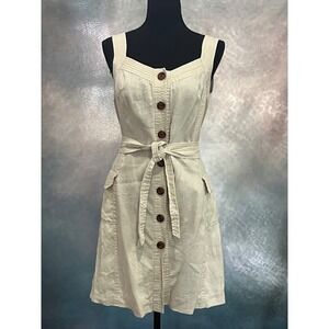 Focus 2000 Women Beige 100% Linen Button Front Belted Safari Sheath Dress Size 6